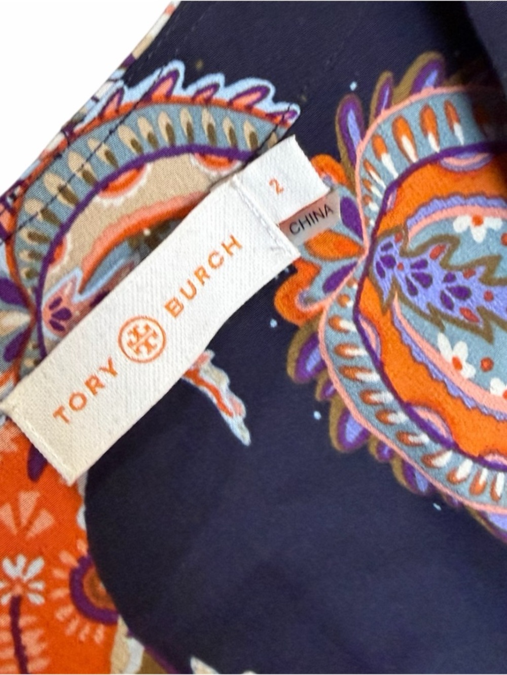 Tory Burch Navy Paisley Long-Sleeve Midi Dress sz 2 - Picture 2 of 7